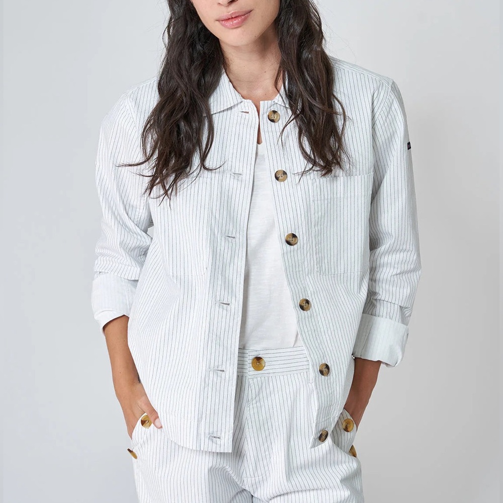 BATELA Spain Women’s Twill Nautical Striped Sailor Button-Up Jacket Sz 10/ EU 44